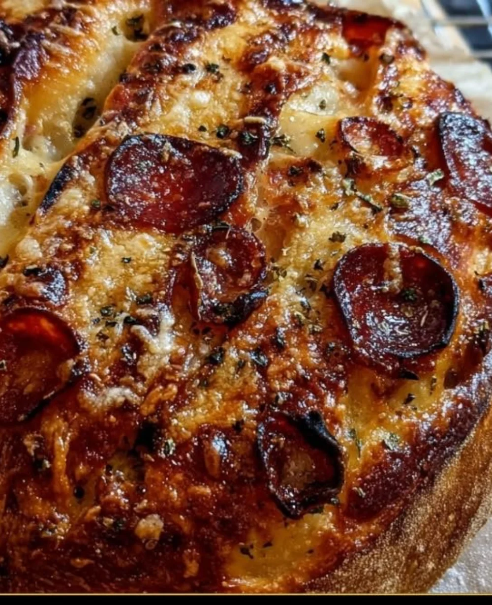 Homemade sourdough pizza fresh out of the oven, ready to be sliced and enjoyed.
