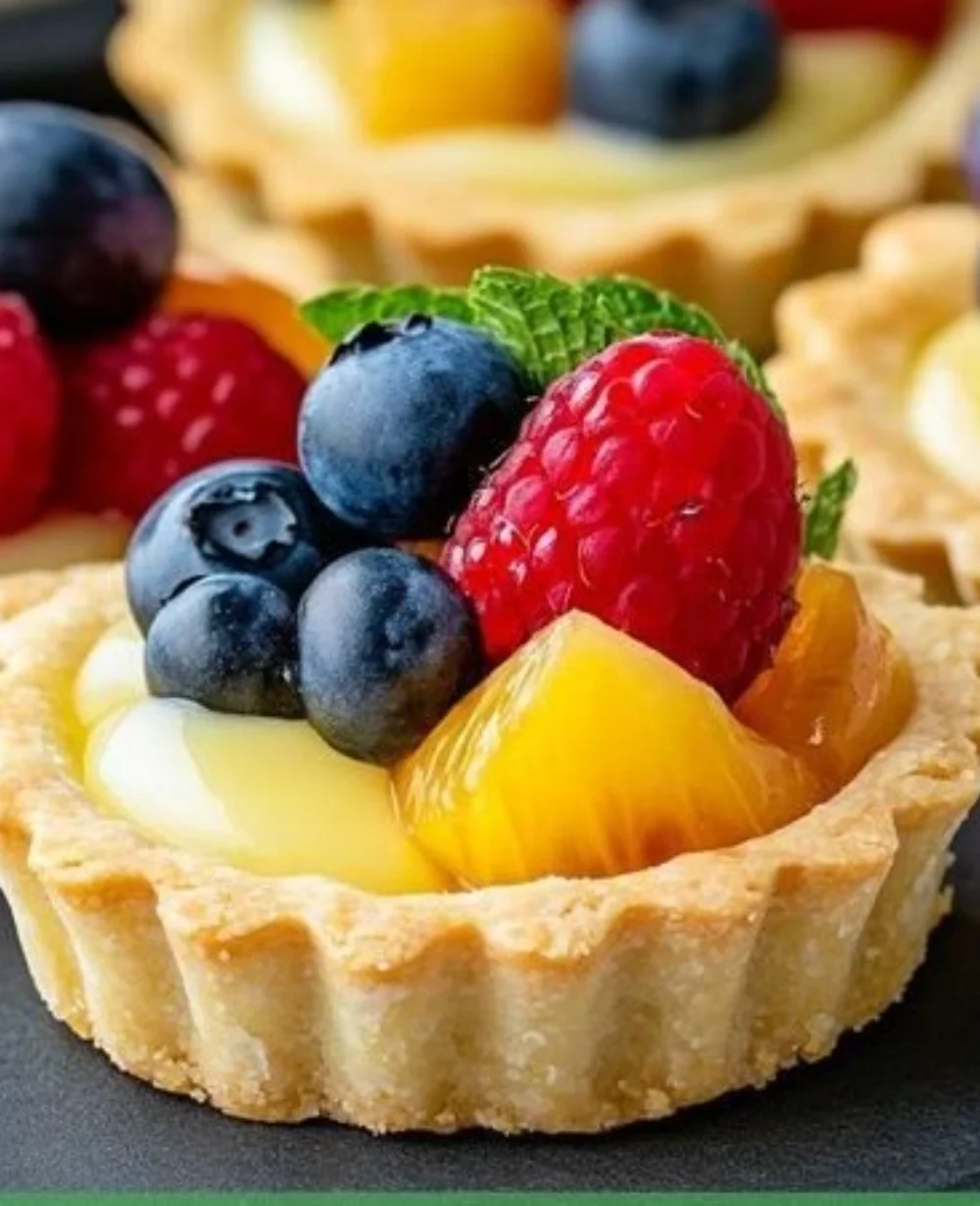 Delicious fruit tart topped with fresh berries and cream