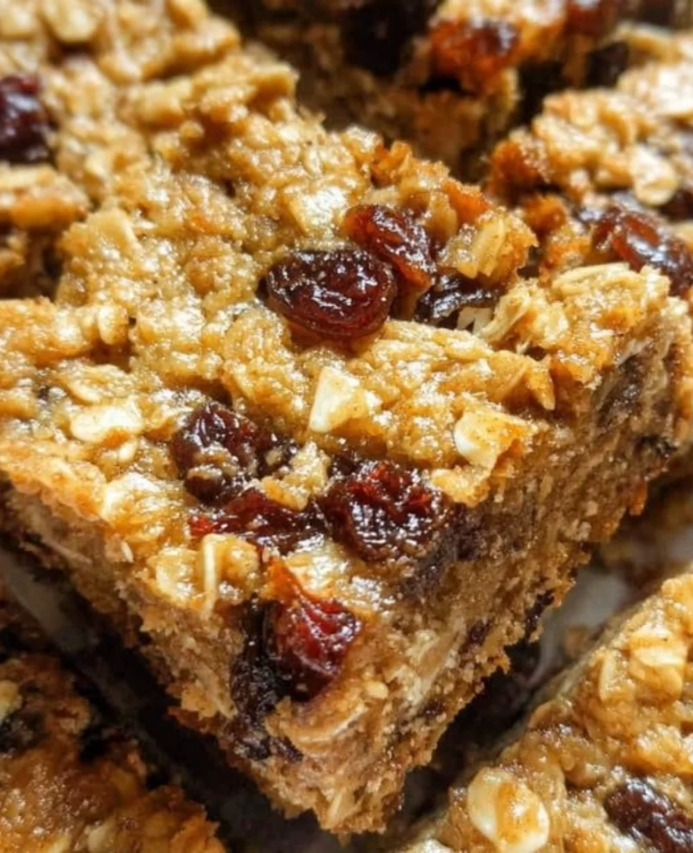 Golden Oatmeal Raisin Bars, chewy and comforting treats perfect for any occasion.