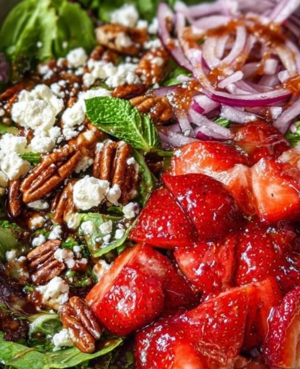 Delicious strawberry feta salad with fresh strawberries and crumbled feta cheese