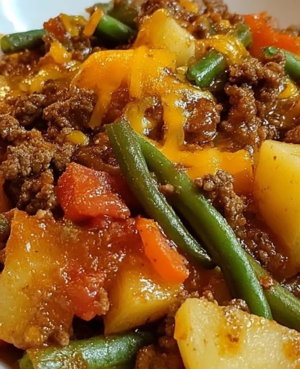 Delicious Hobo Casserole with Ground Beef, served in a rustic style.