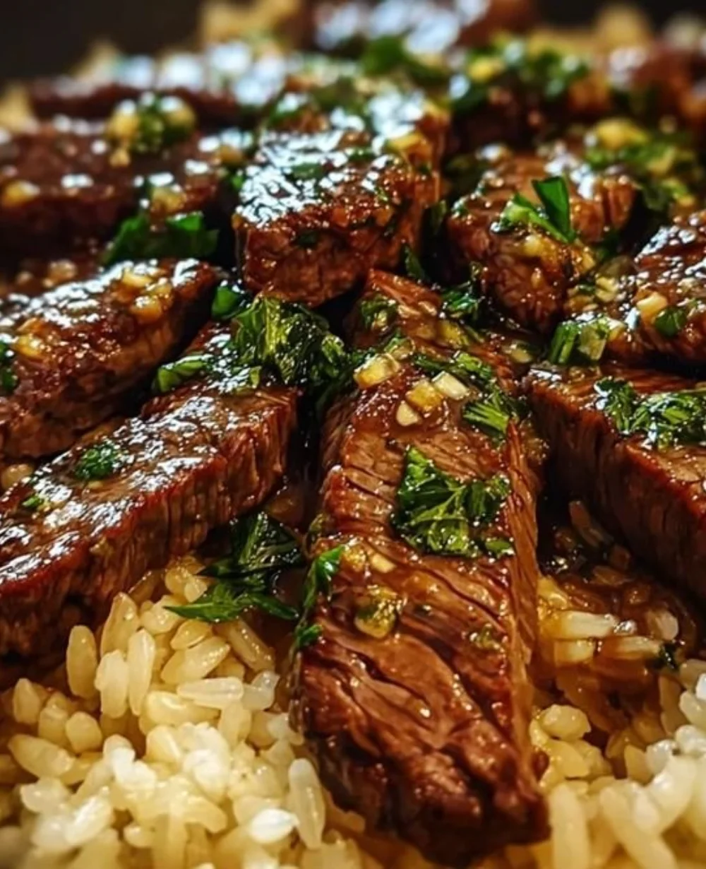 Honey Garlic Butter Steak served with rice in a skillet