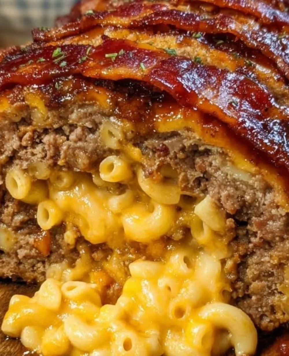 Maple BBQ Bacon Meatloaf stuffed with creamy mac and cheese, a cozy comfort food dish.