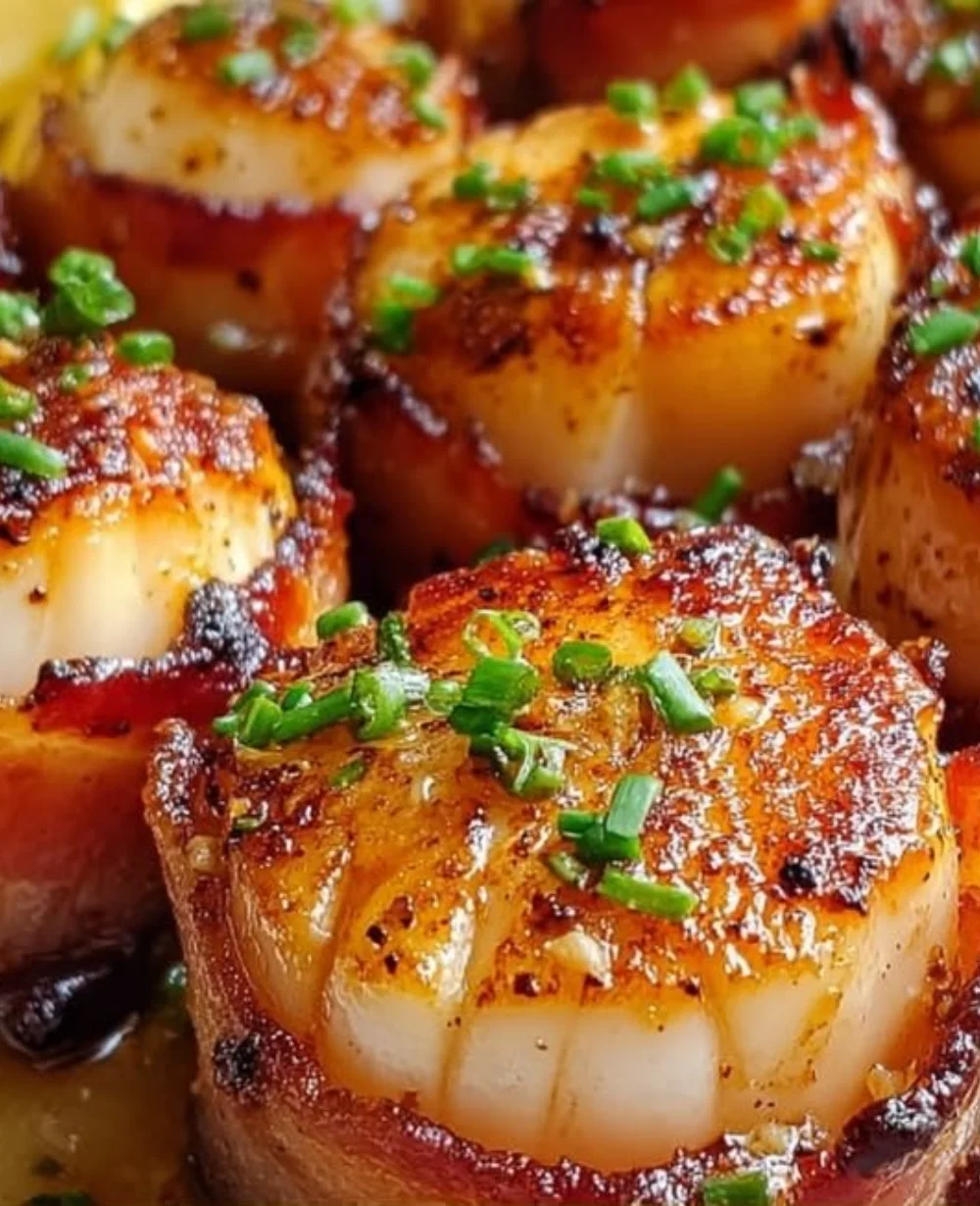 Maple-glazed bacon-wrapped scallops on a plate, a delicious seaside dish