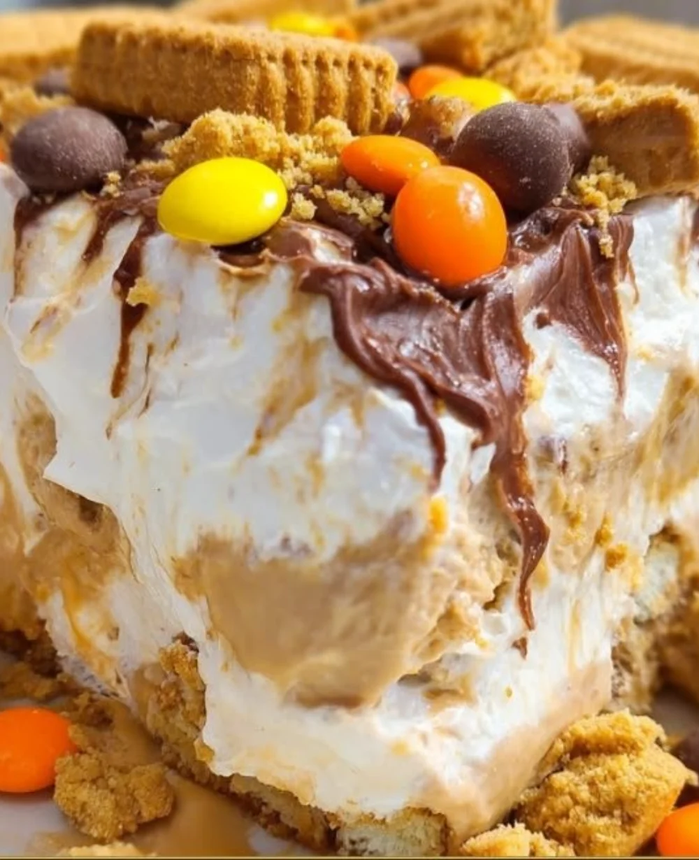 Delicious no-bake peanut butter icebox cake served on a plate with toppings