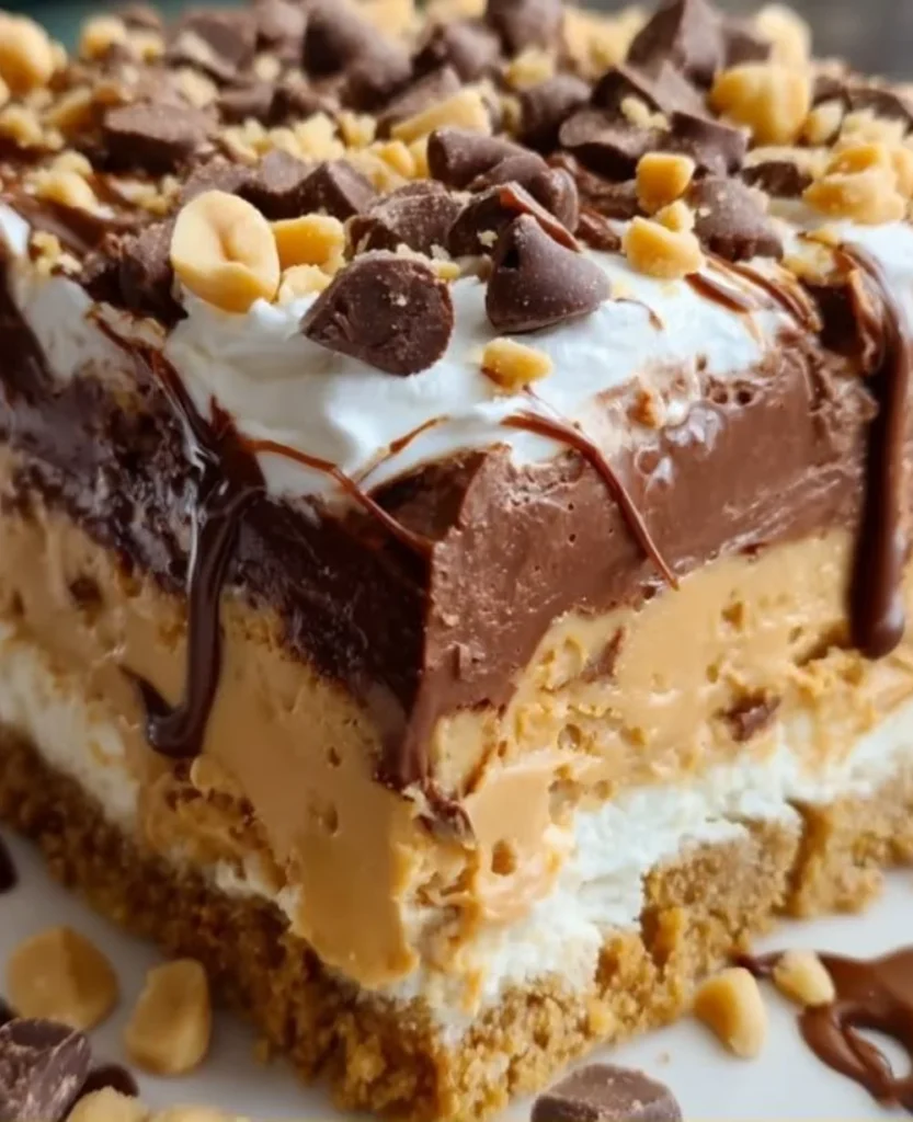 No-Bake Peanut Butter Lasagna with layers of creamy filling and chocolate toppings