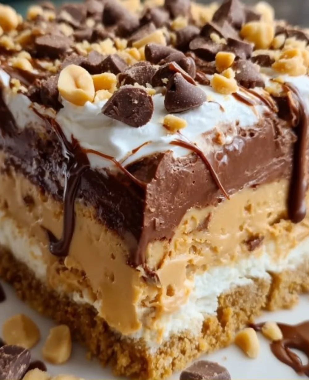 No-Bake Peanut Butter Lasagna with layers of creamy filling and chocolate toppings