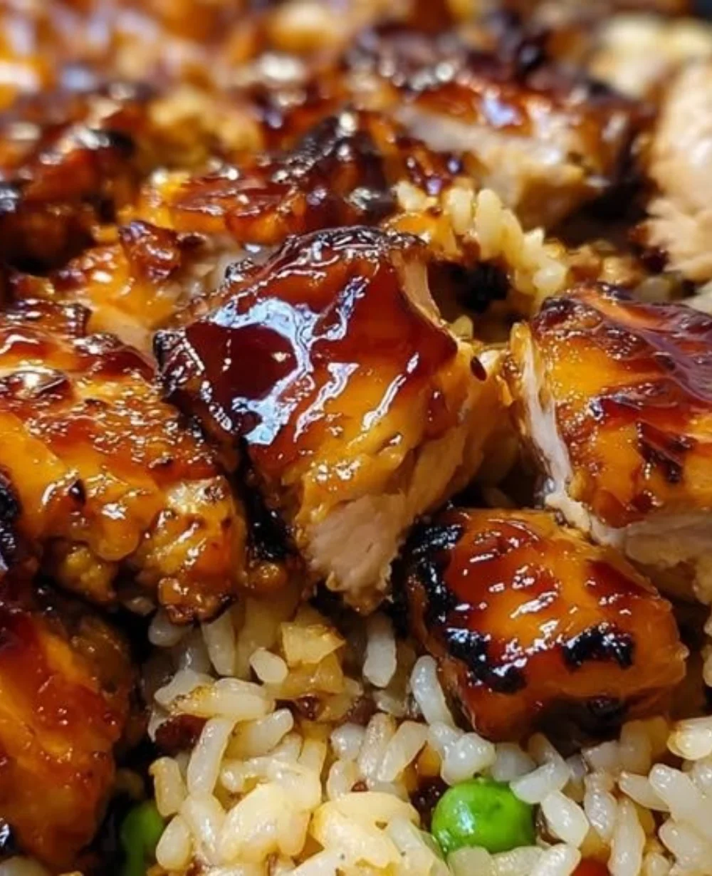 One-Pan Bold Honey BBQ Chicken Rice meal served in a white bowl with fresh herbs.