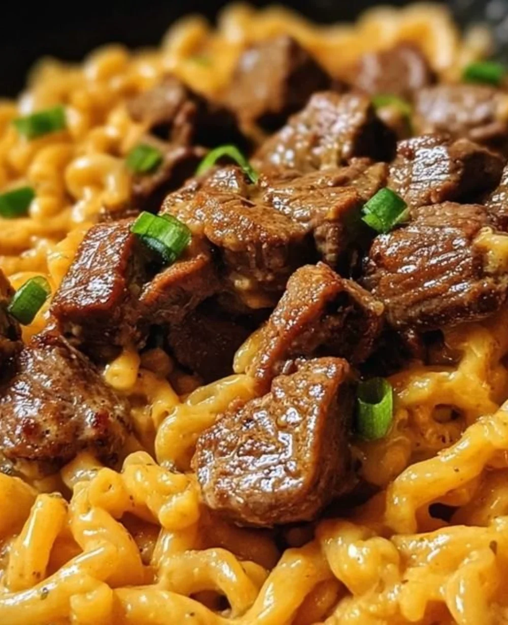 Delicious one-pan creamy spicy Cajun steak bites with cheddar pasta