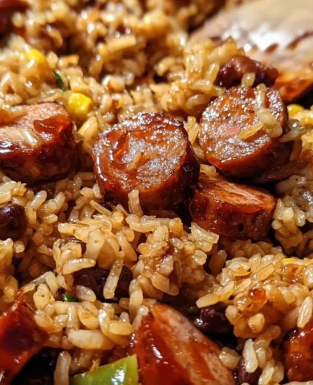 Delicious one-pan sweet and tangy BBQ sausage rice dish garnished with fresh herbs