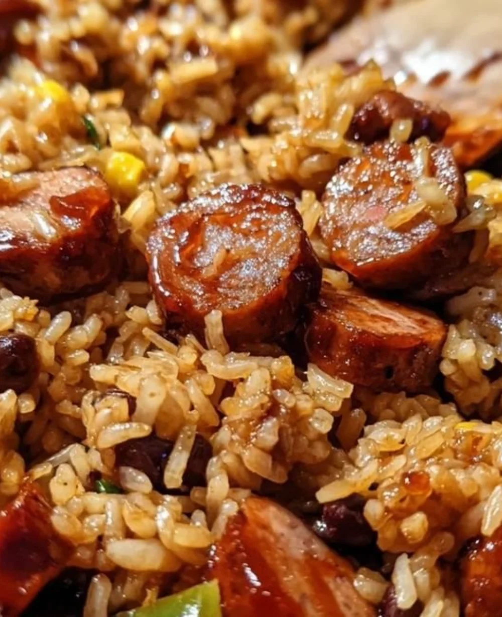 Delicious One-Pan BBQ sausage rice garnished with fresh herbs served in a skillet.