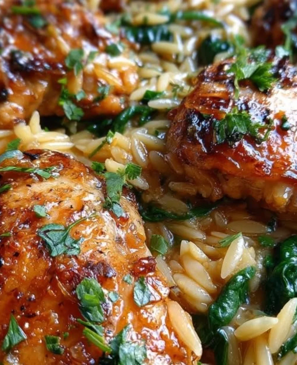 One Pan Sweet Honey Garlic Chicken Orzo with Parmesan and vegetables