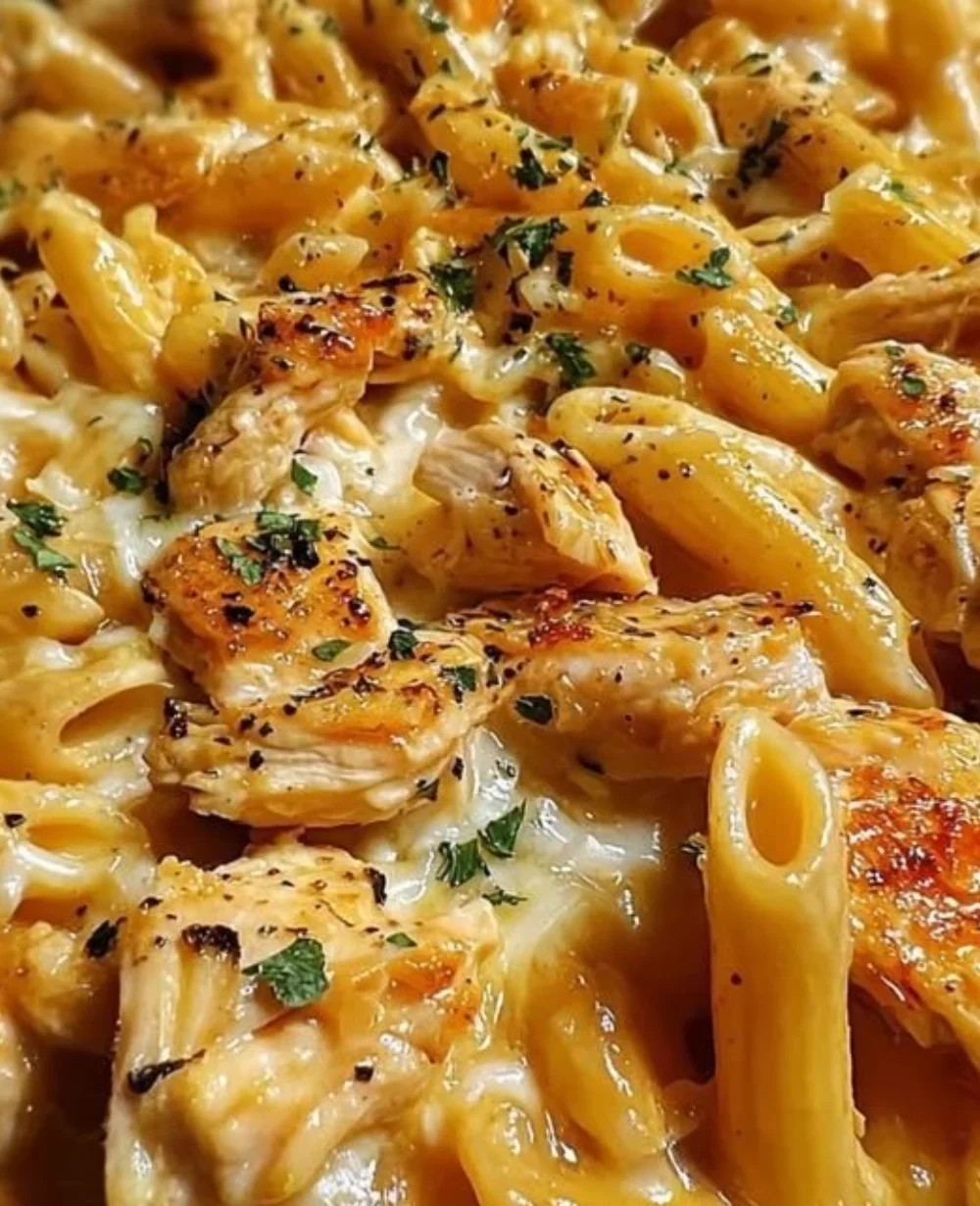 One-Pan White Cheddar Honey Chicken Pasta skillet ready to serve