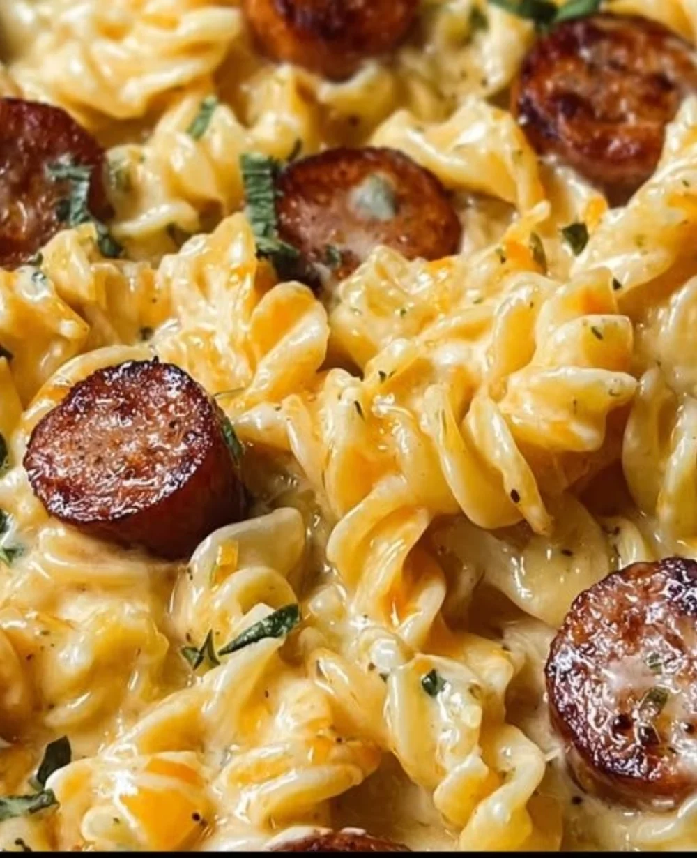 Delicious One-Pan White Cheddar Ranch Pasta with sausage and herbs