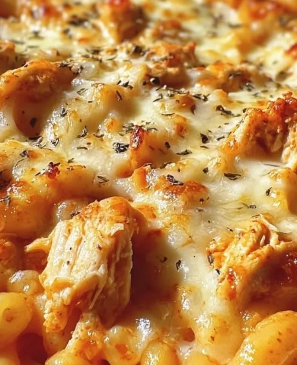One-Pot Chicken Parmesan Mac & Cheese in a skillet, topped with crispy breadcrumbs.