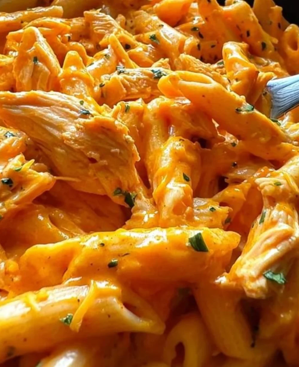 One-Pot Creamy Buffalo Chicken Pasta served in a bowl with herbs on top.