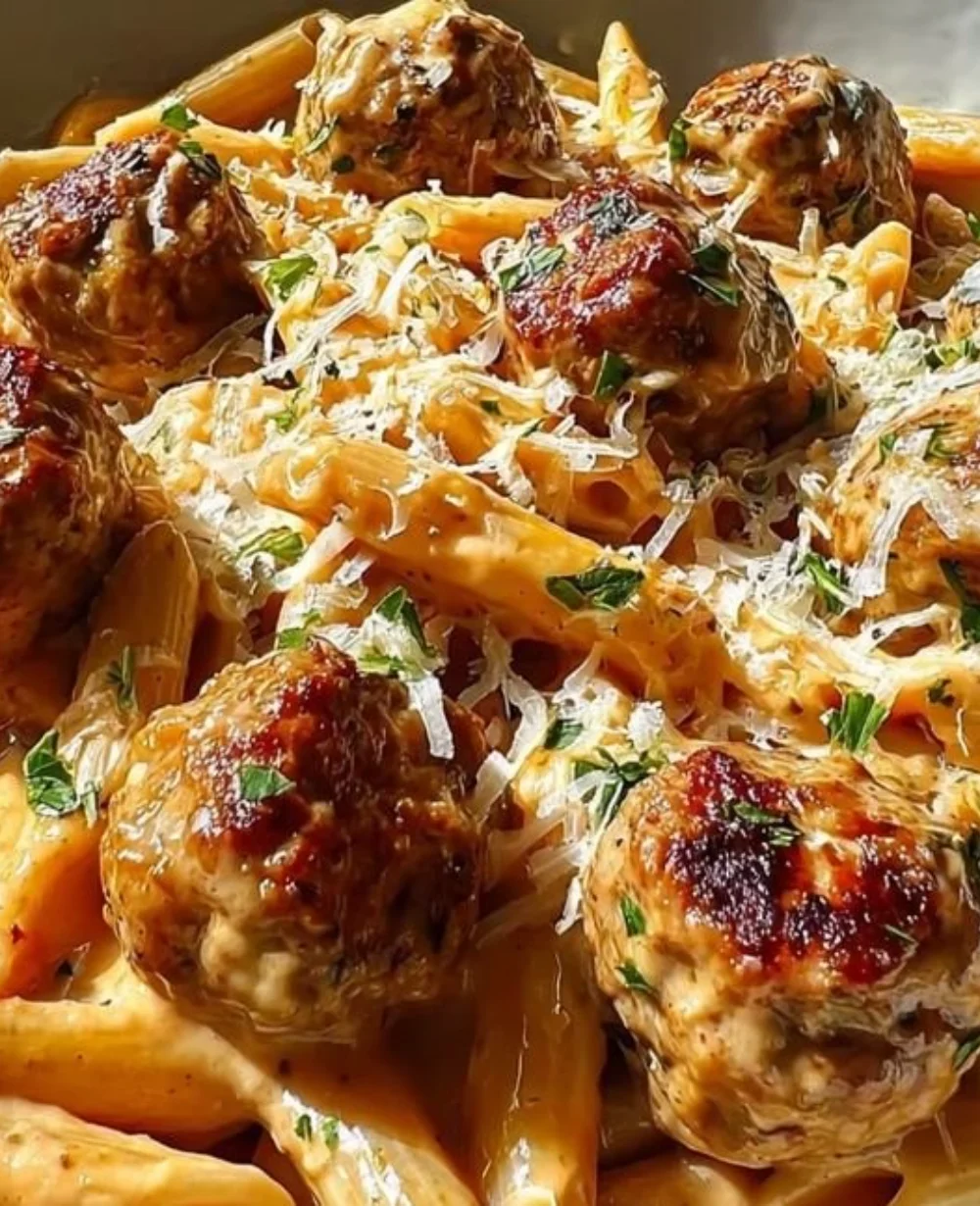 Delicious One-Pot Creamy Cajun Meatball Pasta dish with rich sauce and meatballs