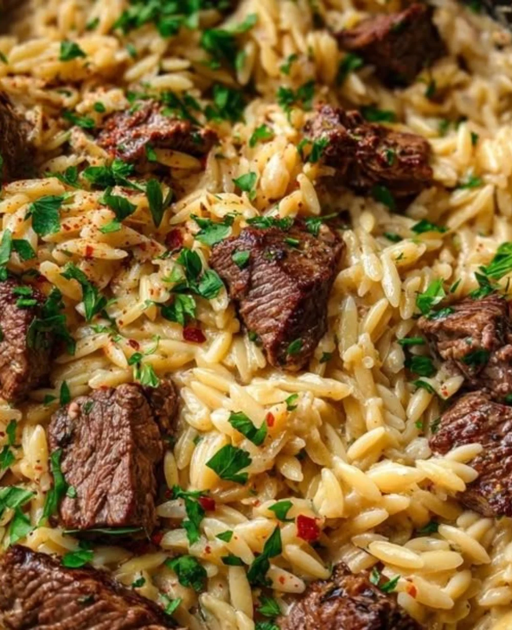 One pot creamy garlic butter steak orzo dish with herbs and spices.