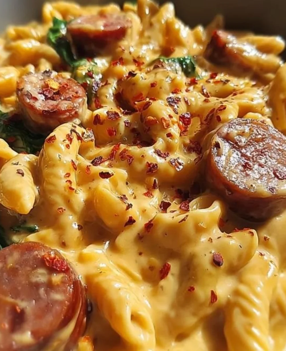 One-Pot Creamy Smoked Gouda Sausage Pasta dish with fresh ingredients