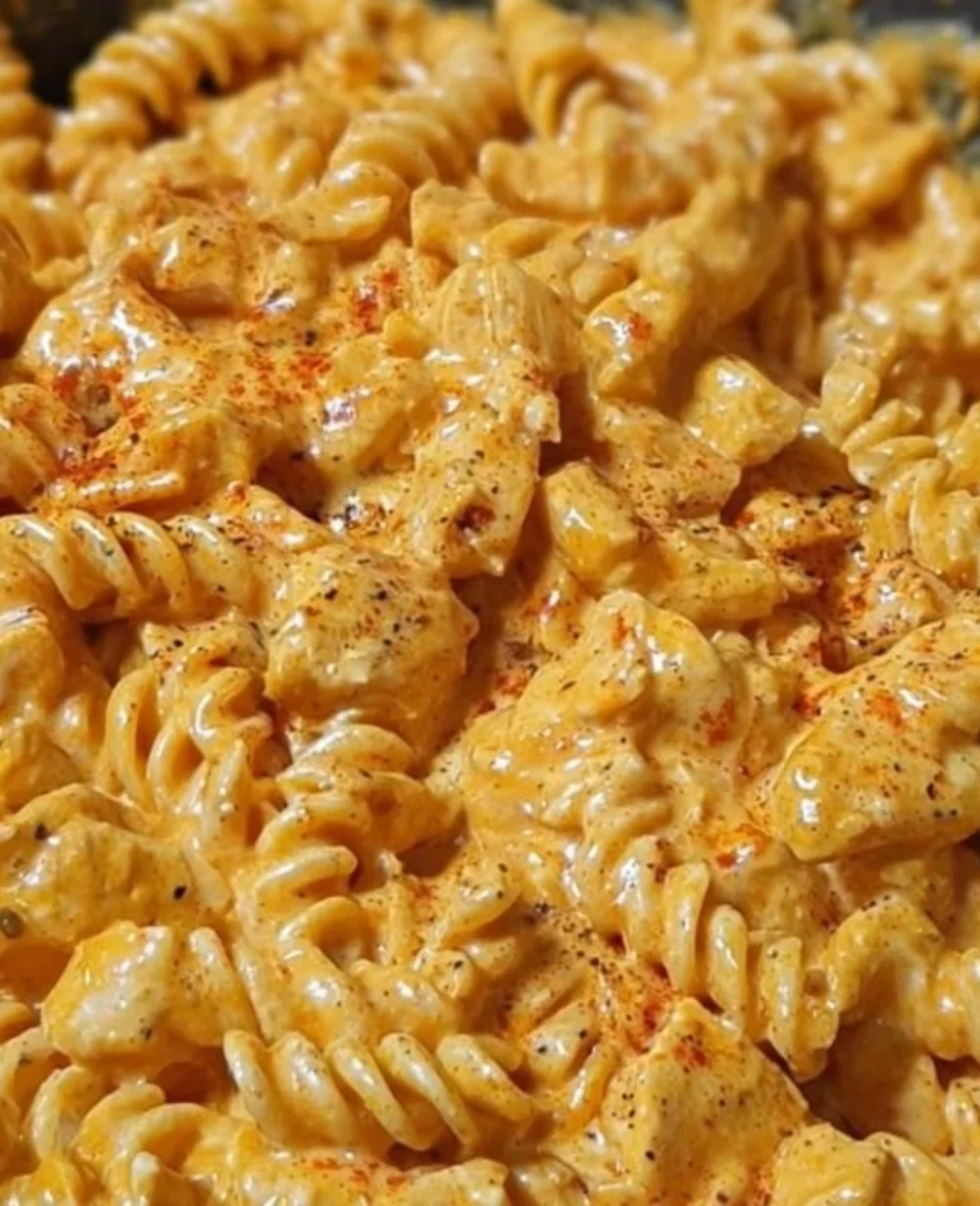 Creamy Spicy Buffalo Chicken Pasta served in a bowl, garnished with parsley.