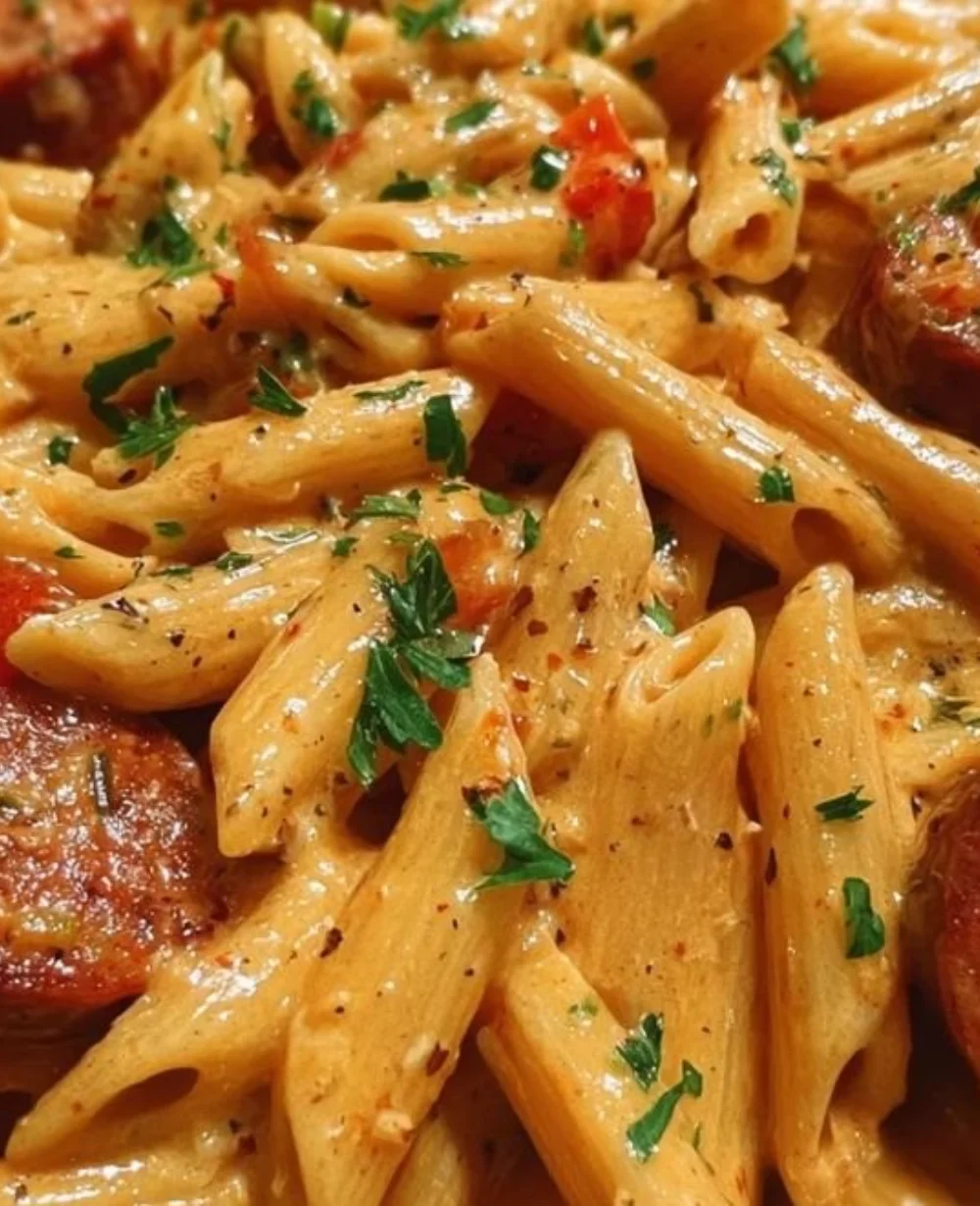 One-Pot Creamy Spicy Cajun Sausage Pasta served in a bowl with herbs