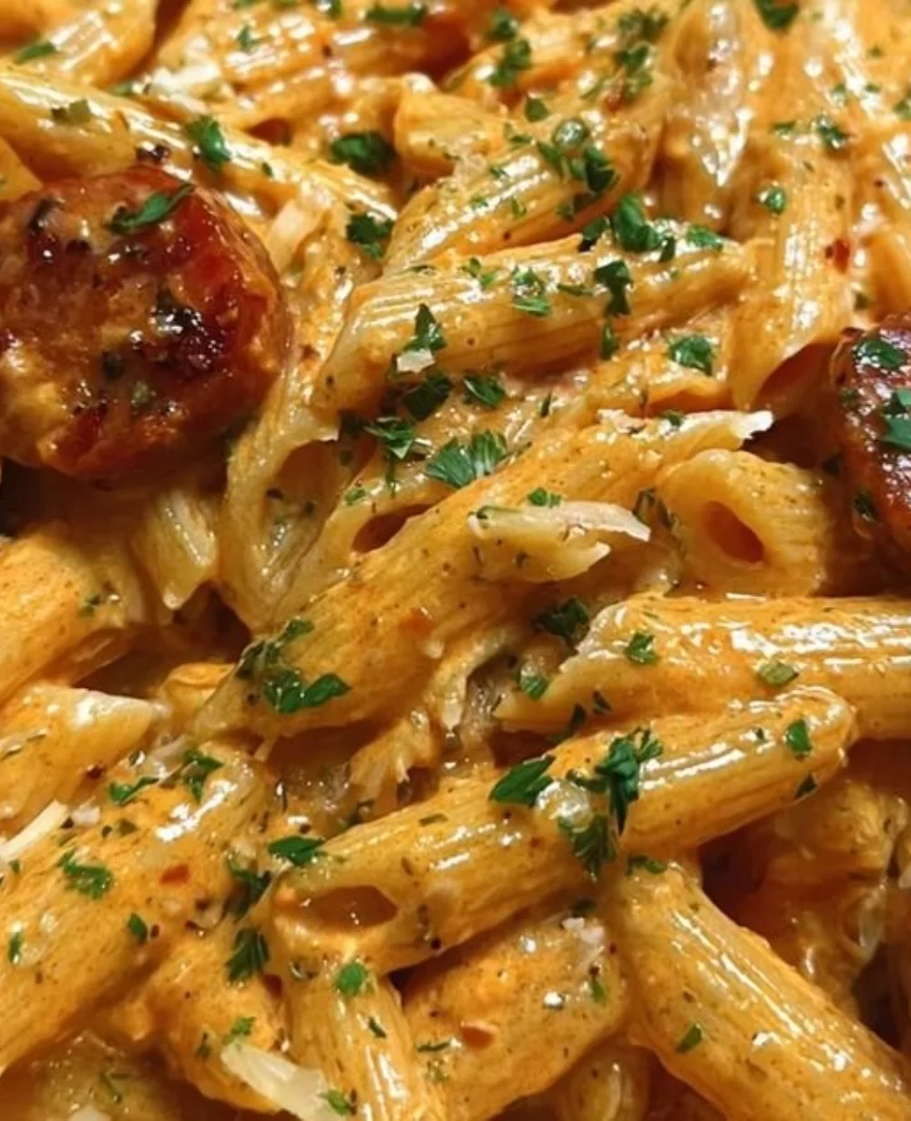 Bowl of One-Pot Creamy Spicy Cajun Sausage Pasta served with parsley garnish.
