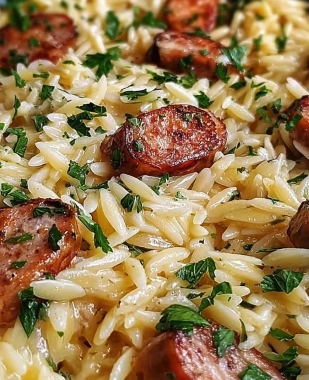 One-Pot Garlic Butter Sausage and Orzo with savory herbs and spices