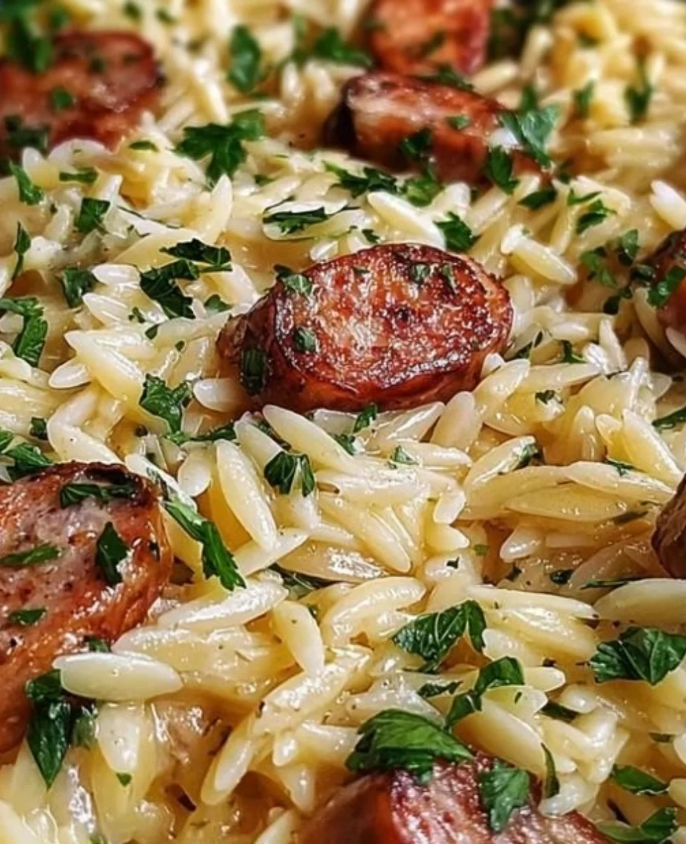 One-Pot Garlic Butter Sausage and Orzo dish served in a rustic bowl