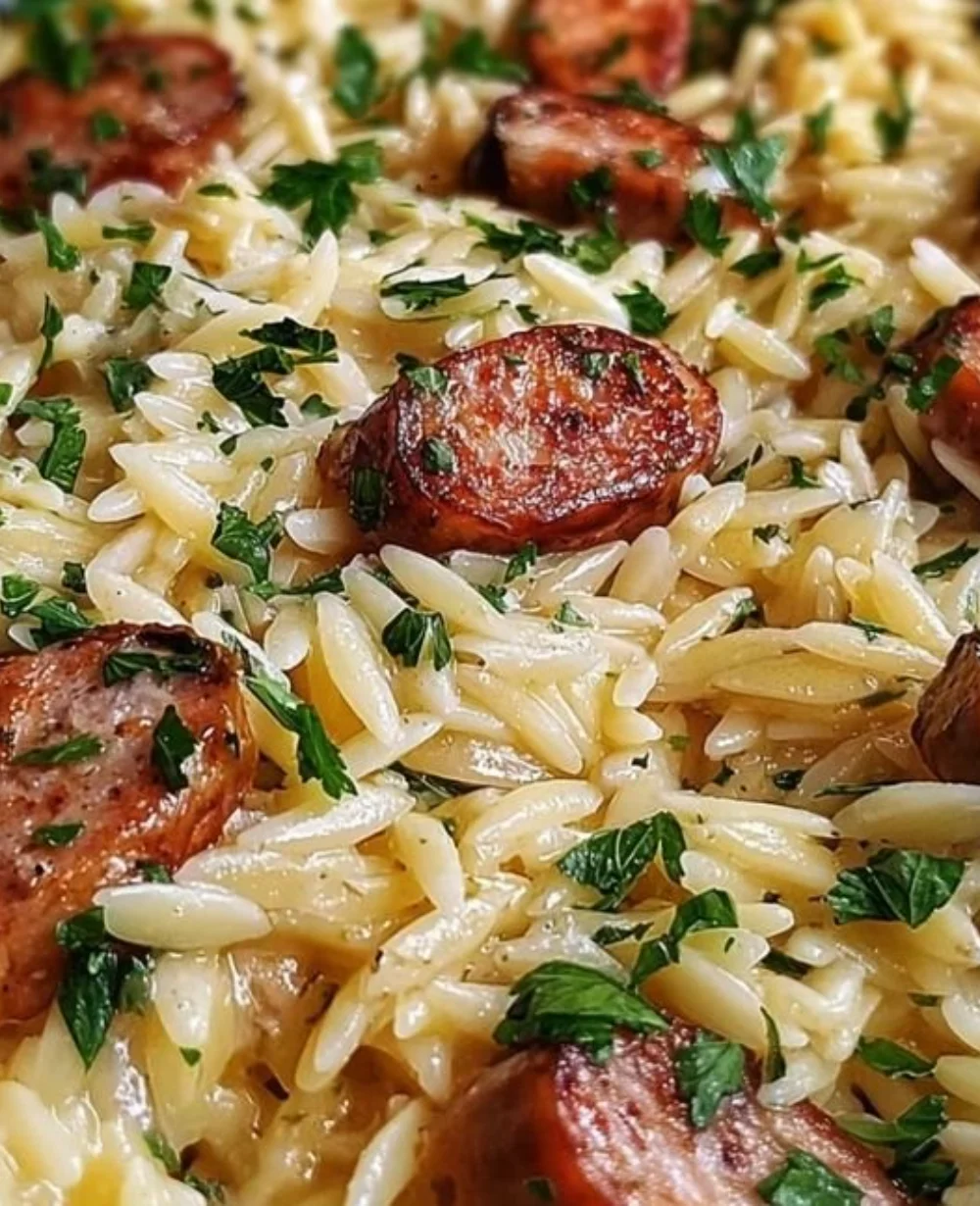 One-Pot Garlic Butter Sausage and Orzo dish on a plate