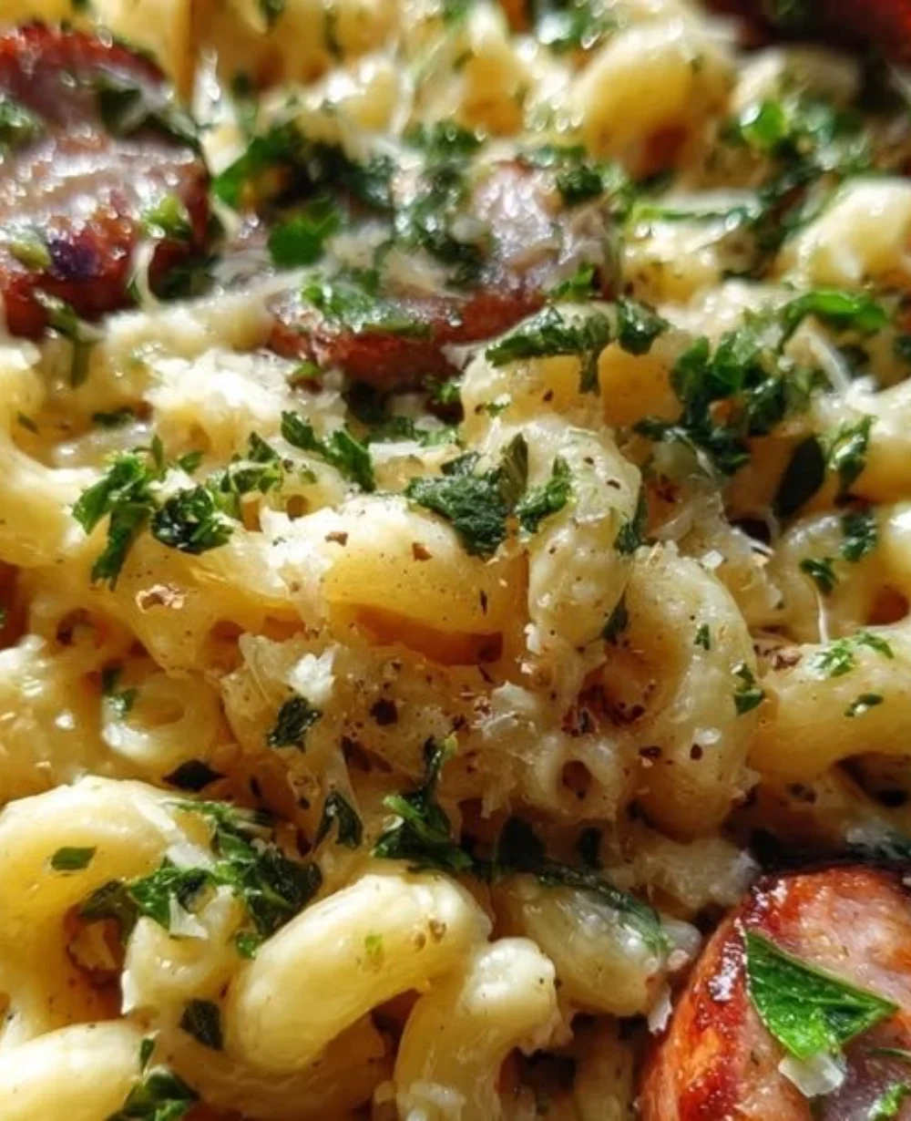 One pot garlic butter sausage mac and cheese in a skillet