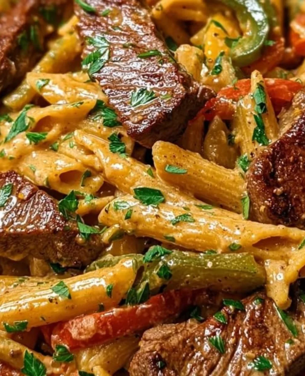 One-skillet creamy spicy Cajun steak pasta topped with green onions and spices