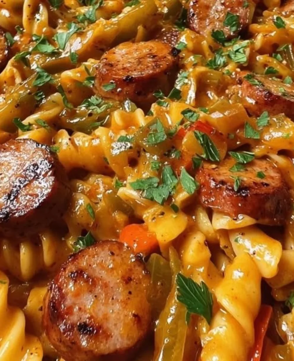 One-skillet smoky Cajun sausage pasta served in a cozy bowl