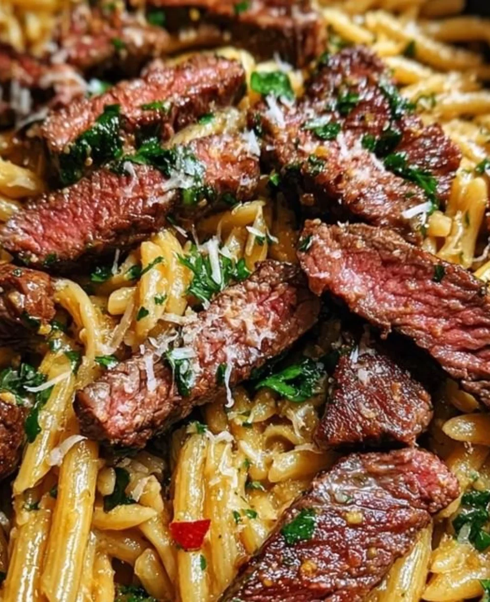 Delicious one-skillet spicy garlic butter parmesan steak pasta dish