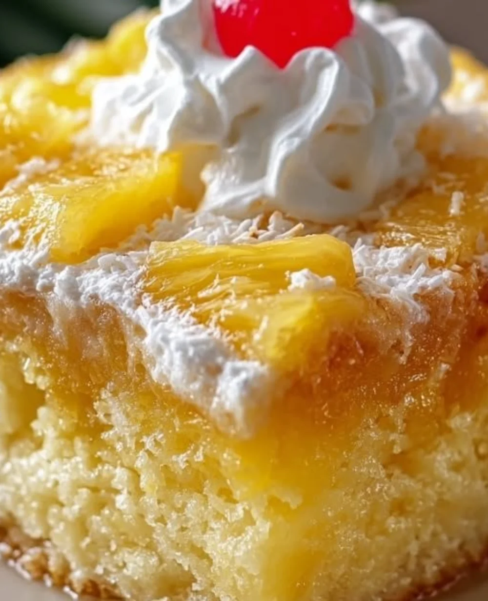 A slice of delicious Pineapple Heaven Cake garnished with fresh pineapple and whipped cream