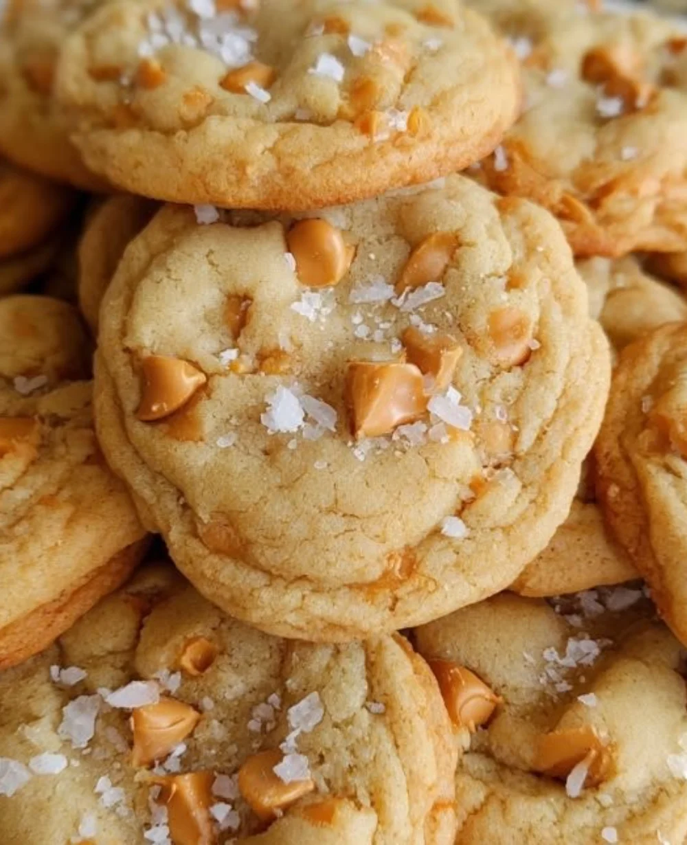 Delicious salted butterscotch cookies with caramel chunks and sea salt on top