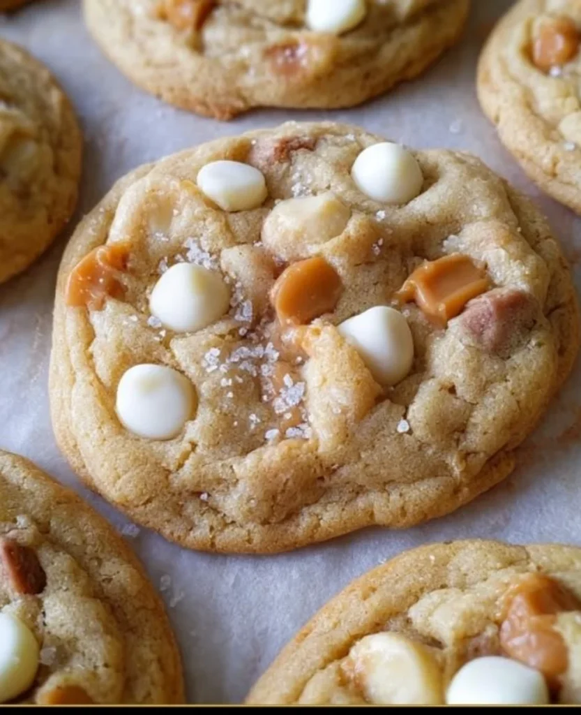 Delicious salted caramel white chocolate cookies on a plate