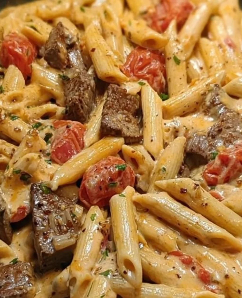 Skillet creamy spicy Cajun steak penne served in a bowl