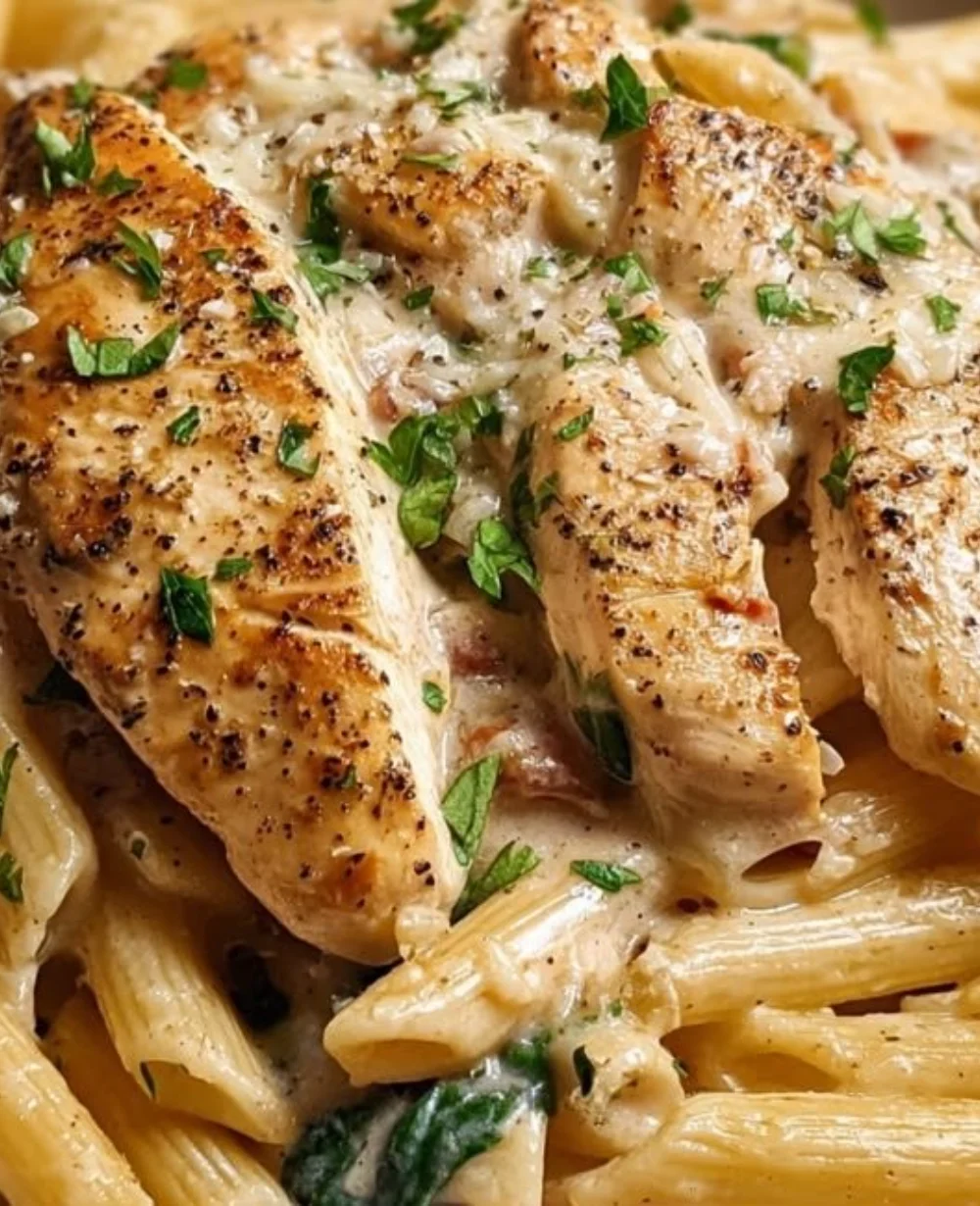 Slow cooker Olive Garden chicken pasta served in a bowl with herbs and cheese