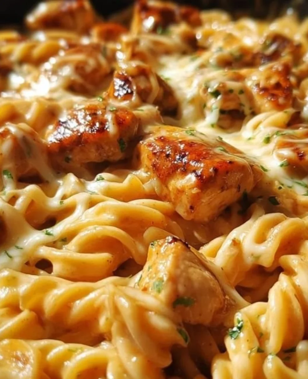 Skillet pasta with Smoky BBQ Cheddar Chicken garnished with herbs