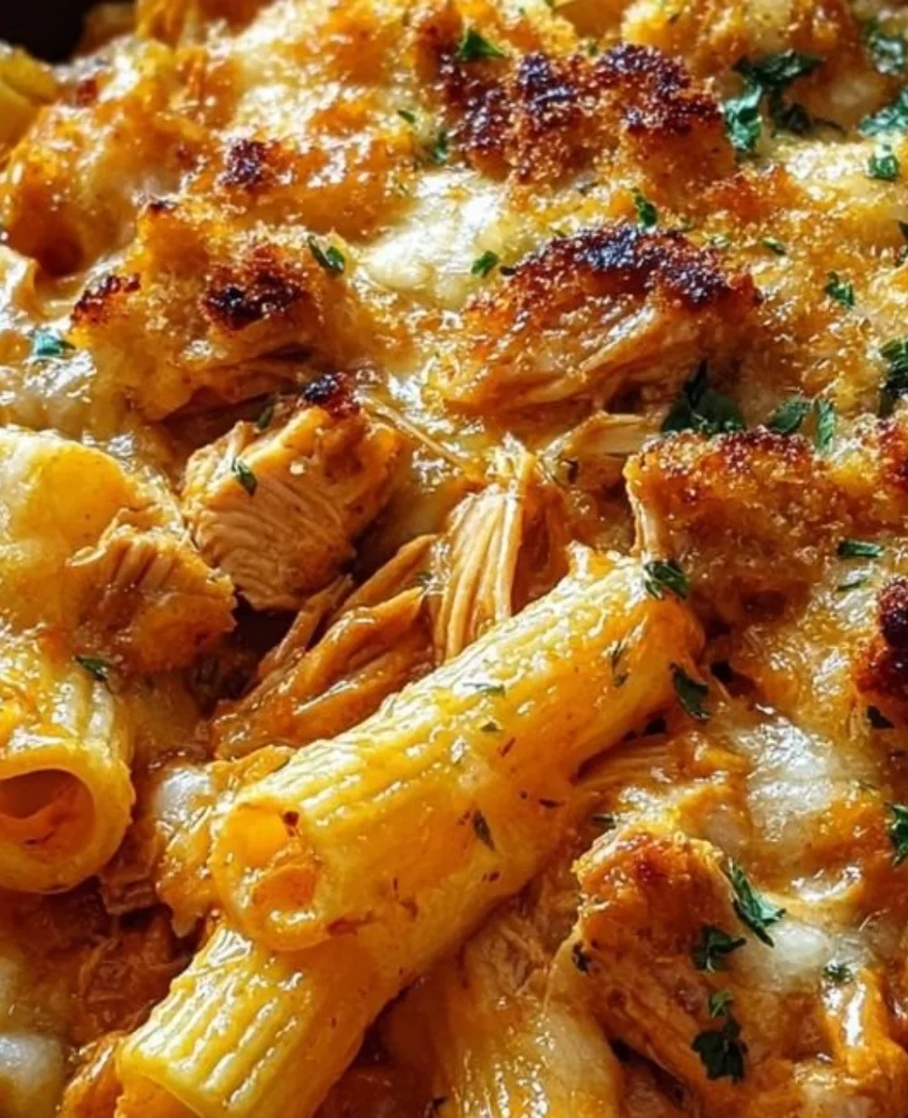 Creamy Smoky BBQ Chicken and Cheddar Pasta Bake fresh out of the oven