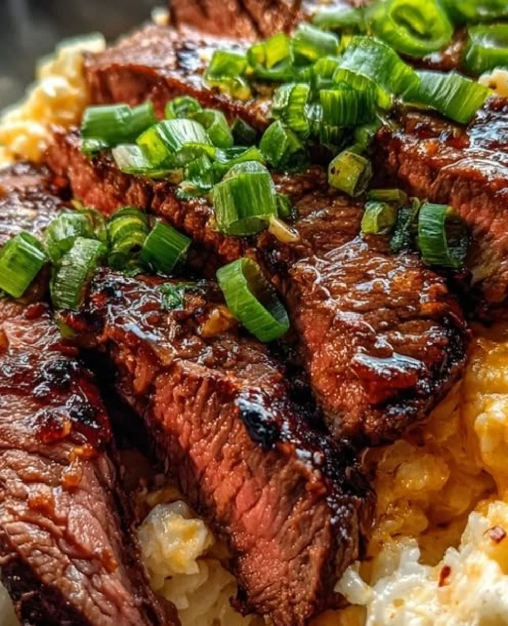Smoky garlic butter steak served with cheddar rice on a plate