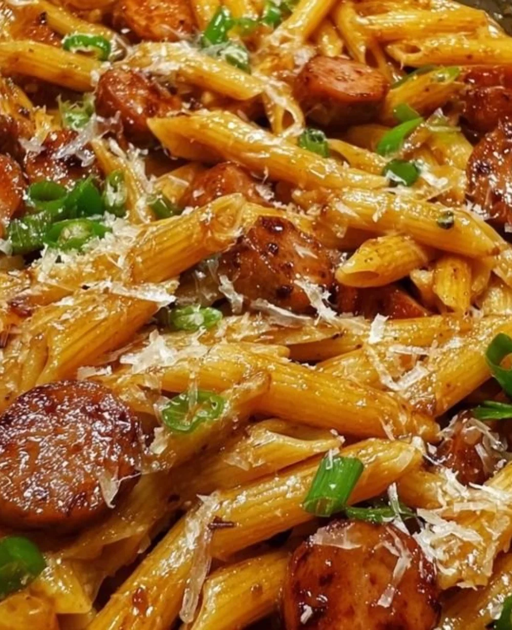 Delicious smoky honey garlic sausage penne pasta dish with herbs and spices.