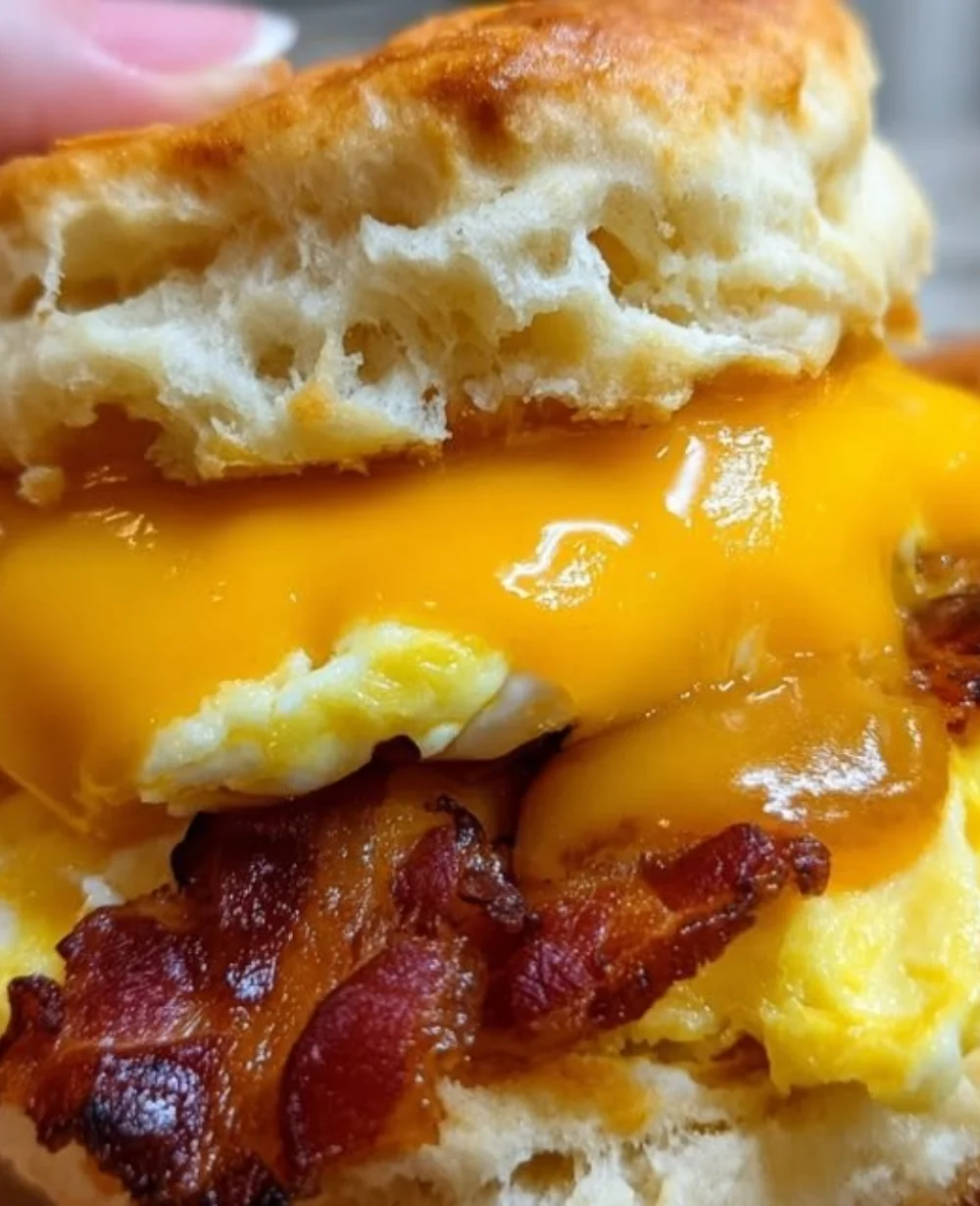 Bacon, egg, and cheese biscuit sandwich served on a plate for breakfast.