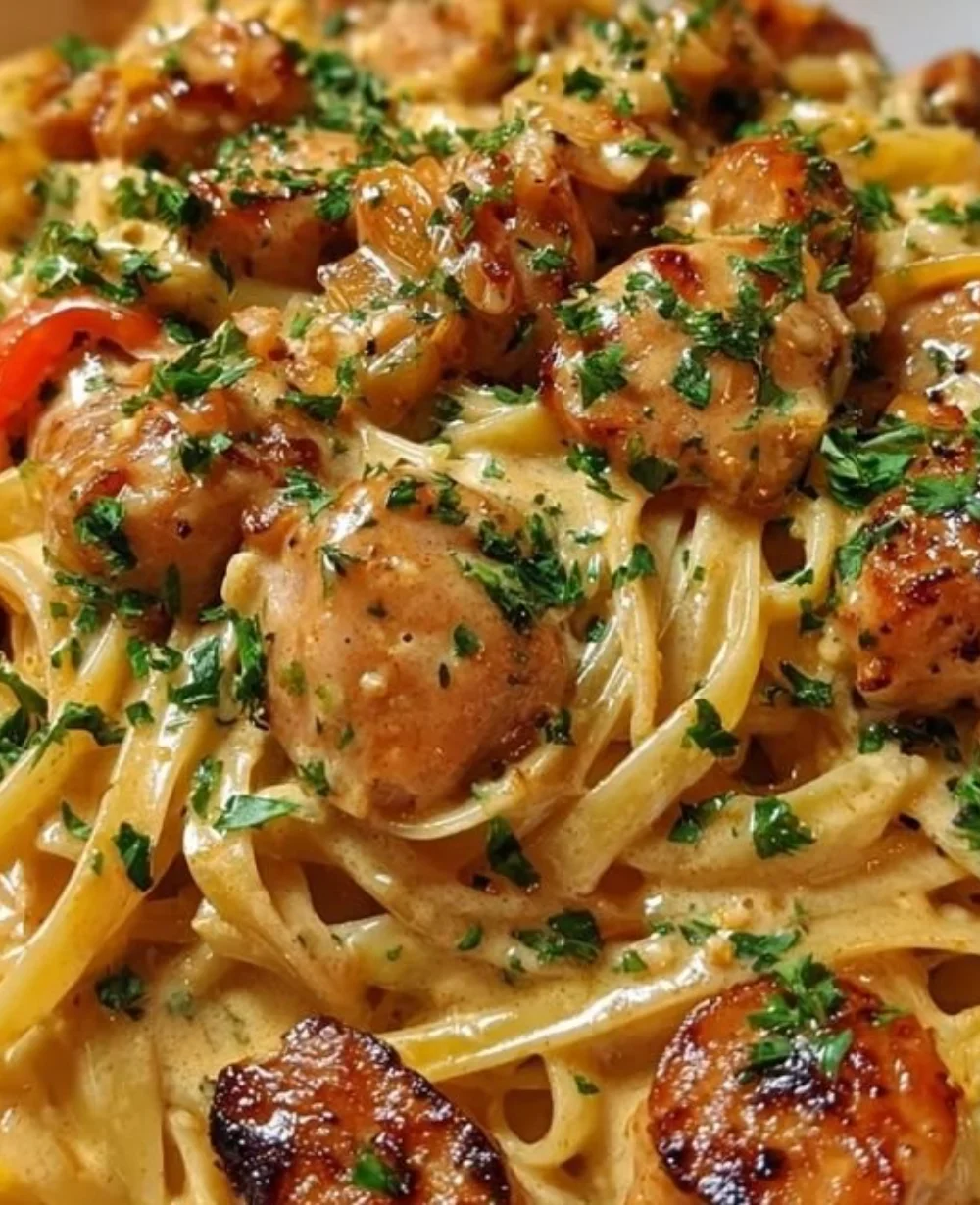 Spicy Cajun Sausage and Chicken Linguine served in a bowl with fresh herbs