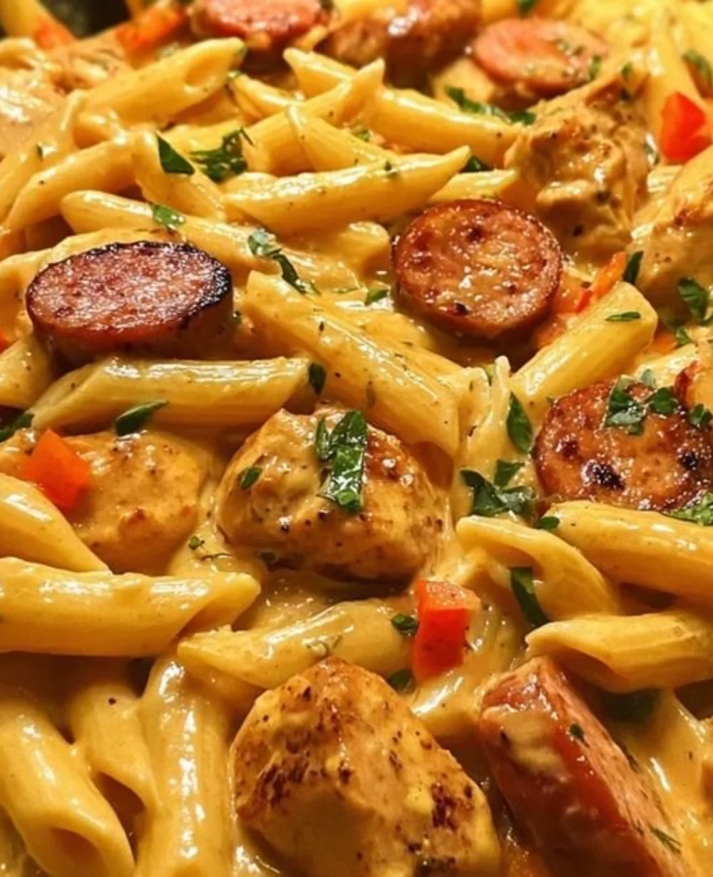 Creamy Cajun sausage and chicken pasta skillet with vibrant colors and spices