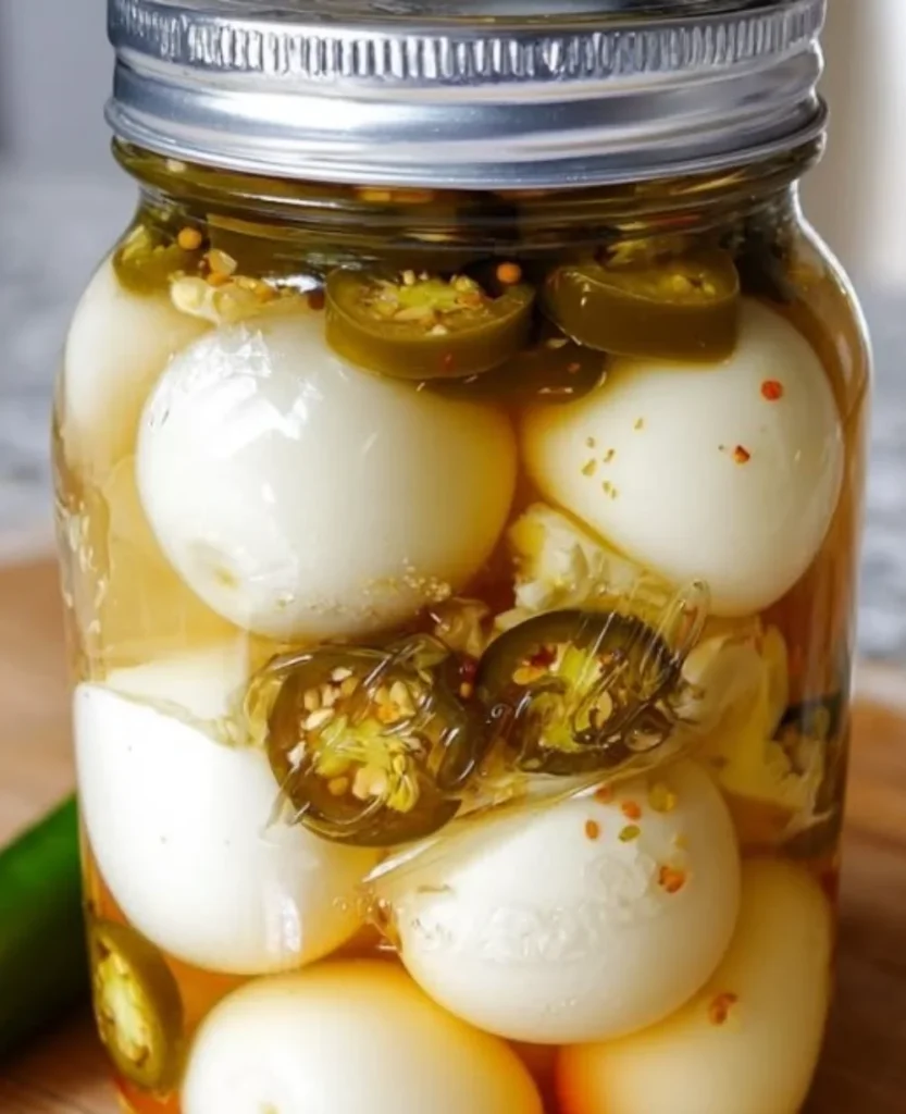 Spicy jalapeño pickled eggs in a jar with vibrant colors and brine