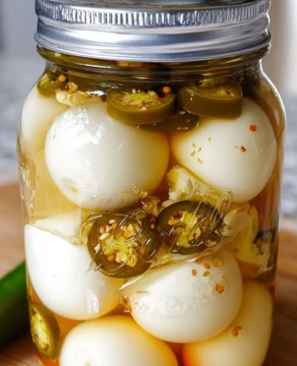 Spicy jalapeño pickled eggs in a jar with vibrant colors and brine