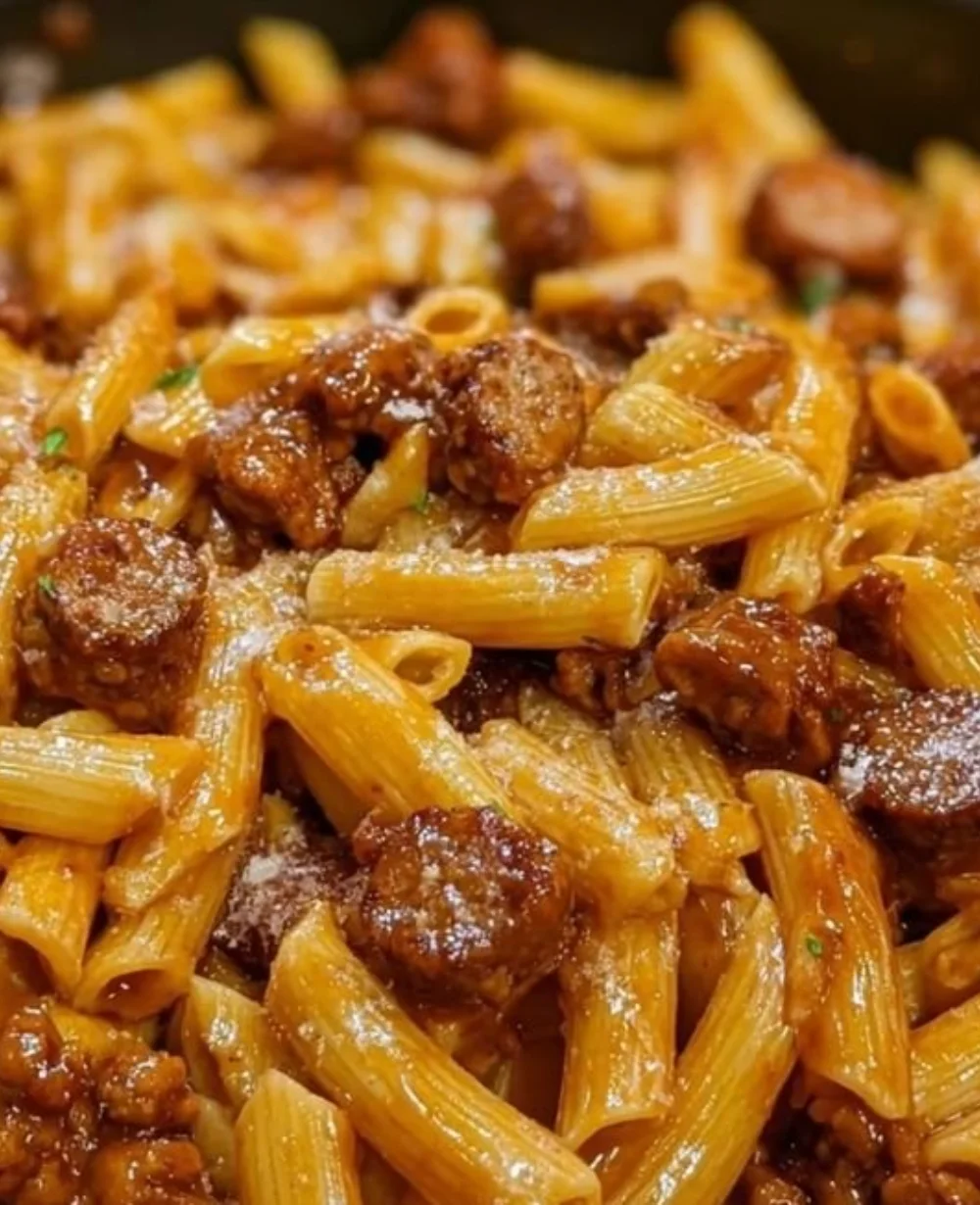 Sticky Bold BBQ Ranch Sausage Pasta served in a bowl with fresh herbs
