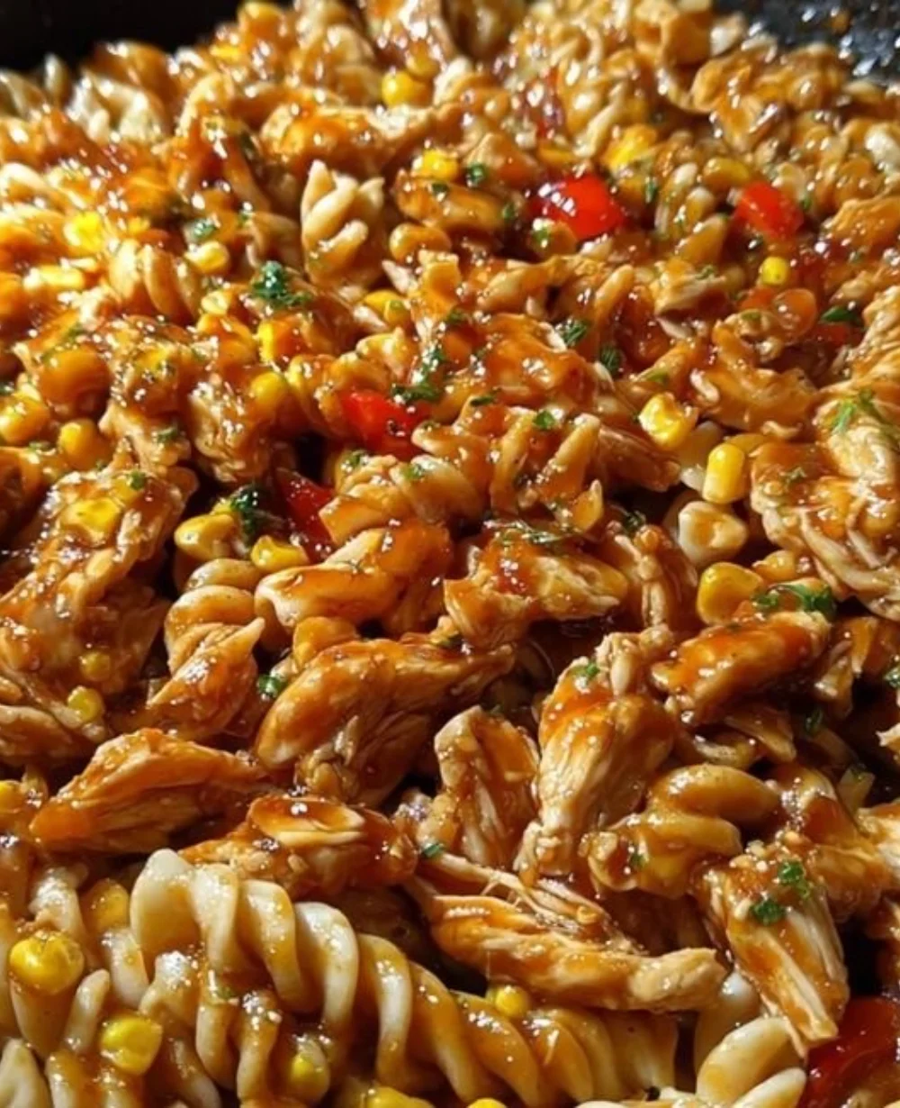 Sticky Honey BBQ Chicken Pasta Skillet with fresh ingredients in a skillet