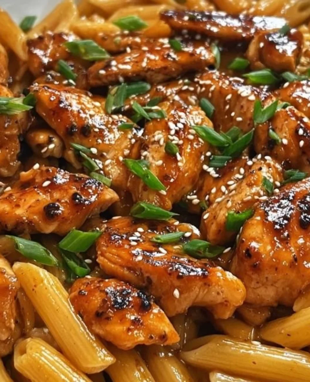 Sticky Honey Garlic Chicken Penne pasta served in a bowl, highlighting its sweet-savory sauce.